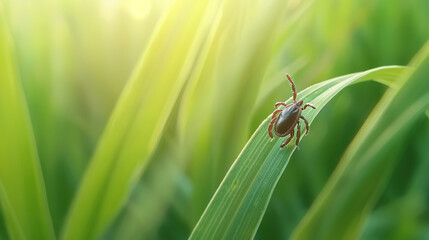 Fototapeta premium Close-up of a tick on a leaf in a green forest, representing the risk of tick-borne diseases and outdoor health hazards in nature.