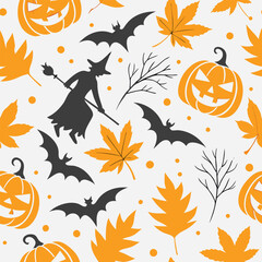 Halloween seamless pattern with witch silhouette, bats, pumpkins, orange leaves and bare branches on a white background
