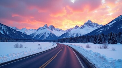 Serene Winter Landscape A Scenic Road Winding Through Snow-Covered Fields Towards Majestic Mountains Bathed in the Warm Glow of a Vibrant Sunset