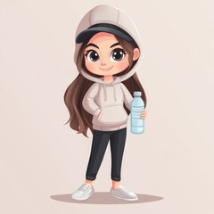 girl cartoon hoodie standing and holding water bottle in her hand isolated background