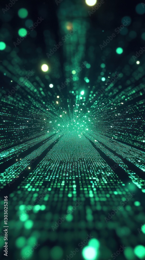 Poster abstract digital background with glowing green particles and lines creating depth effect