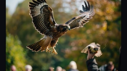 Fototapeta premium Majestic Hawk in Flight During a Nature Encounter Experience