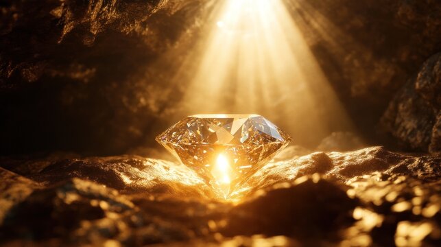 Sparkling Diamond Treasure Discovery in Cave with Golden Light Beams