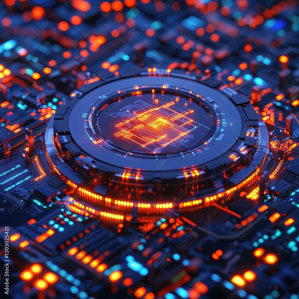 Poster a close-up of a futuristic circuit board with vibrant blue and orange lights illuminating its intric