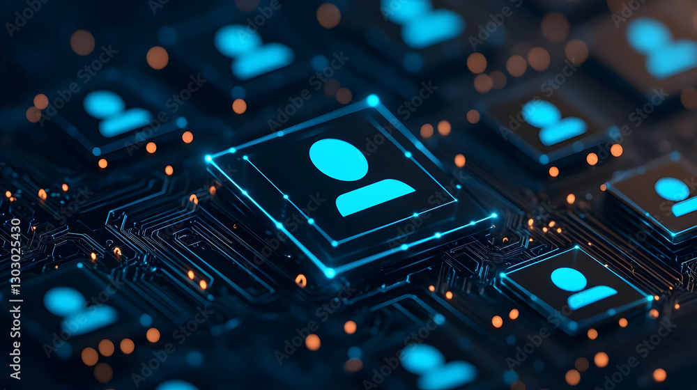 Poster digital network with user icons and circuitry in blue and orange