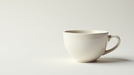 A simple off-white ceramic teacup rests on a plain white background, showcasing its elegant design and subtle curves.