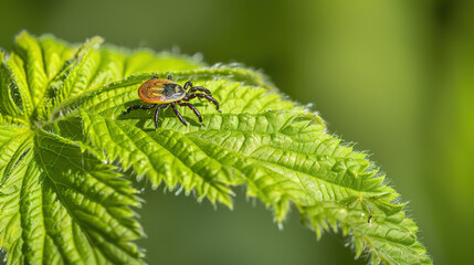 Fototapeta premium Close-up of a tick on a leaf in a green forest, representing the risk of tick-borne diseases and outdoor health hazards in nature.