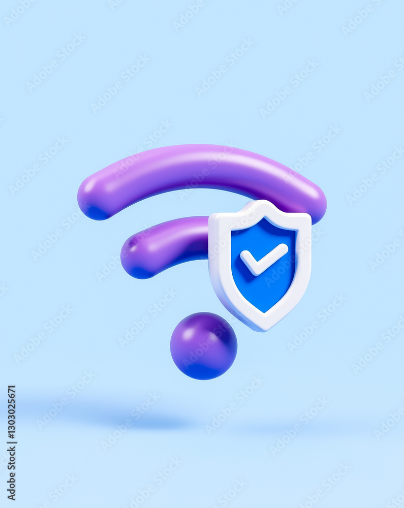 Poster 3d rendering of a purple wifi symbol and a blue shield representing secure wireless connection
