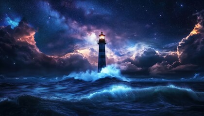 Fototapeta premium Leader And Vision In A Stormy Lighthouse: Landscape Featuring The Milky Way And A Dramatic Sky In The Background.