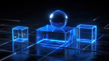 Fototapeta premium Abstract Neon Glowing Cubes and Sphere on Dark Reflective Background