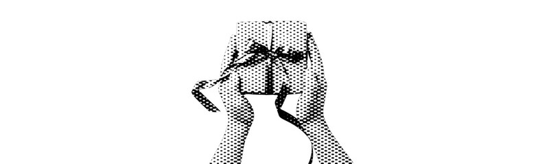 two female hands holding wrapped gift box with ribbon bow isolated on white background retro halftone grunge dotted cut-out collage element for mixed media holiday festive greeting cards design