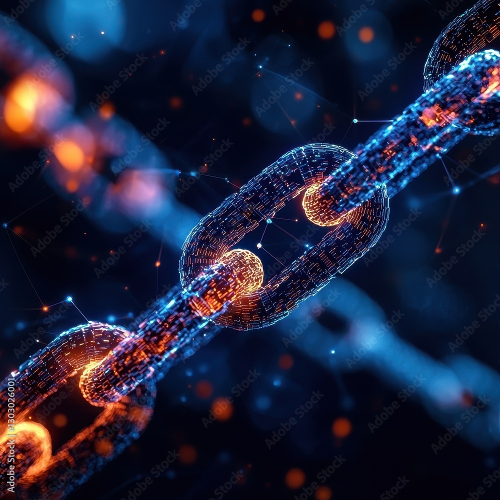 Poster a vibrant, abstract representation of a digital chain, showcasing interconnected elements with glowi