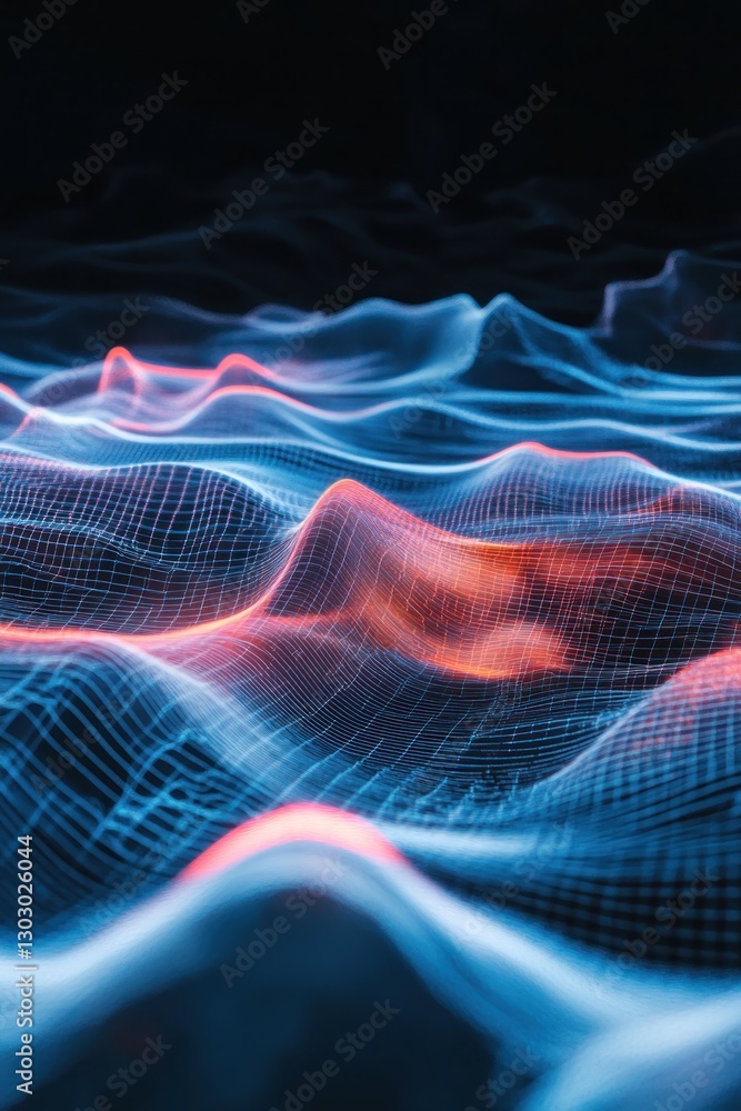 Poster abstract digital waves with glowing lines in a dark background creating a vibrant atmosphere
