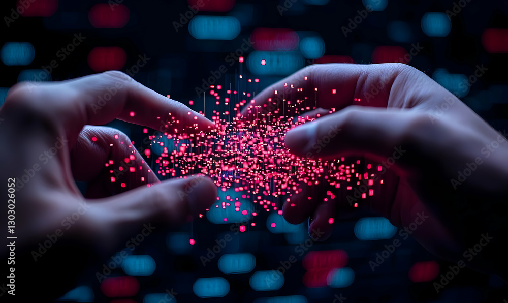 Poster hands creating light particles in a digital environment