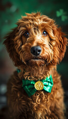 Fototapeta premium Saint Patricks Day Animal Concept, cute Saint Patrick’s Day green dog, Irish green dog, glover field, shamrock, gold coins, rainbow, Irish tradition