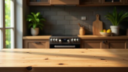 Sunlit Wooden Tabletop in a Modern Kitchen Setting with Warm Lighting and Natural Elements