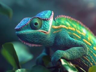 Obraz premium Vibrant chameleon perched on green leaves in a lush environment, showcasing its colors