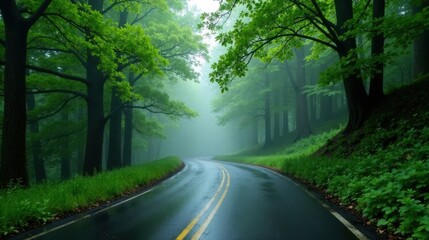 Obraz premium Misty Road Winding Through Lush Green Forest Canopy