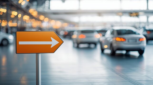 A directional sign with an arrow points right, set against a blurred background of cars in a spacious indoor environment.