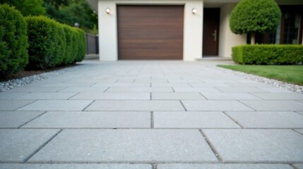 Fototapeta premium A paved pathway leading to a modern home with a closed garage door, flanked by neatly trimmed hedges and lush green lawn