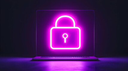Neon Lock Icon on Laptop Screen for Digital Security Concept