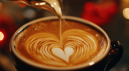 The image shows a hand pouring milk into a cup of coffee. The cup is black and is placed on a wooden table. The coffee is a light brown color and has a heart-shaped latte art design on it. The milk is