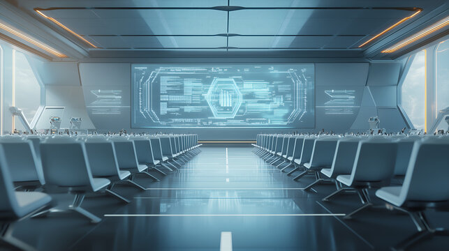 Futuristic spaceship interior with digital dashboard and navigation control technology