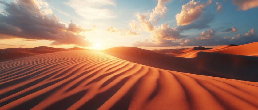 Serene sunset over rolling sand dunes with dramatic clouds in a peaceful desert landscape