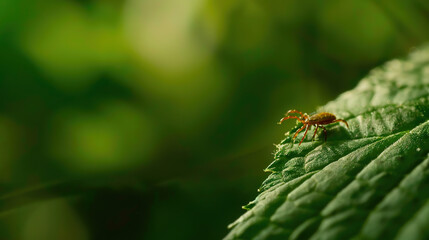 Close-up of a tick on a leaf in a green forest, representing the risk of tick-borne diseases and outdoor health hazards in nature.