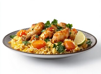 Fototapeta premium Delicious chicken biryani served on a plate with rice, carrots, lime, and parsley, creating a vibrant and appetizing presentation