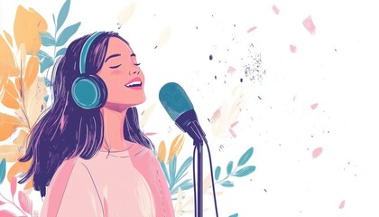 Promotional Services For Podcasts, Streams, Shows, Blogs, And Radio Broadcasts Featuring A Microphone And Woman With Headphones. Ideal For Posters And Advertising.