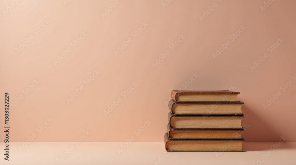 Aufkleber stack of vintage books on pale surface against a soft peach wall