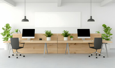 Stylish Modern Office Space with Green Plants and Computer Desks