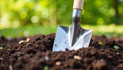 Metal shovel digging into rich dark soil, gardening inspiration