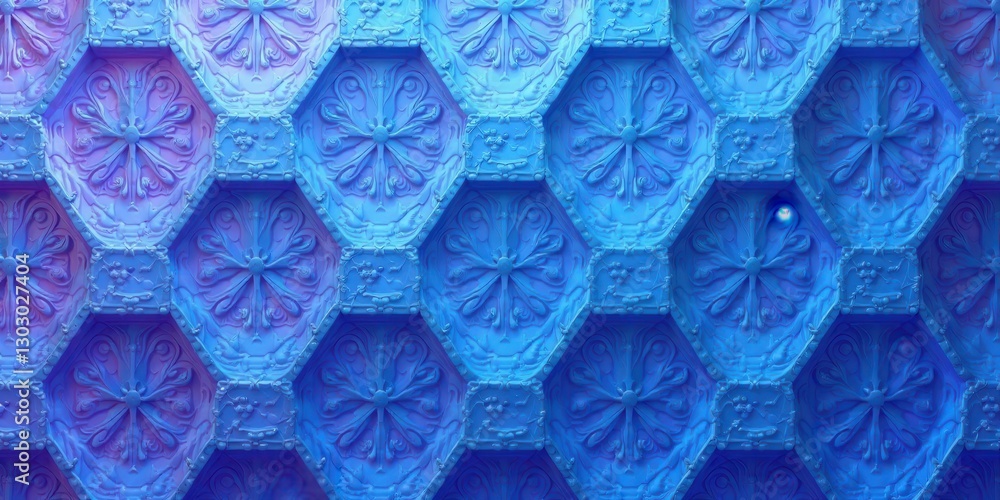 Poster intricate hexagonal floral design, a seamless blue pattern of ornate relief work on a textured surfa