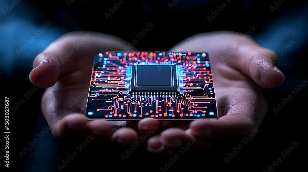 Poster hands holding a microchip with colorful circuit board design