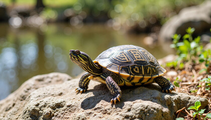 Obraz premium Turtle basking on rugged rock by calm river, nature's tranquility
