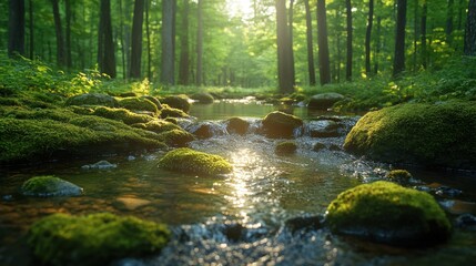 Obraz premium sunlit forest with mossy rocks and tranquil stream surrounded by lush greenery