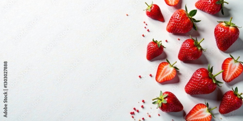 Poster a delightful arrangement of fresh strawberries, some halved, artfully scattered on a pristine white 
