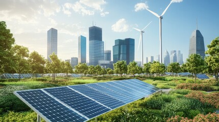 Fototapeta premium Green energy solutions: solar panels and wind turbines in a futuristic eco-friendly city, sunny day