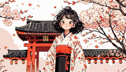 Peaceful anime girl in kimono representing spring sakura season with torii gate backdrop