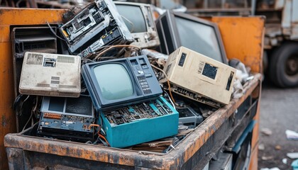 Obsolete Electronic Waste And Miscellaneous Iron Items Available For Recycling Pick-Up, Large Bulky Waste In Close-Up Street Shot