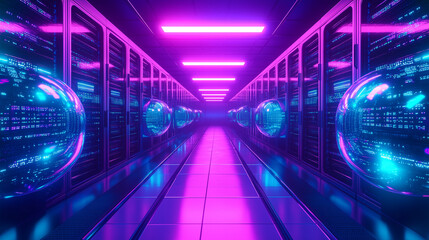Futuristic neon lights and digital glow in a cyber space tunnel with abstract tech elements