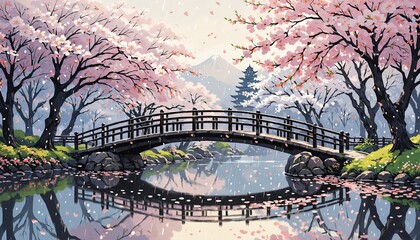 Arched wooden bridge with cherry blossoms over a tranquil river
