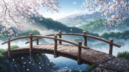 Wooden bridge with cherry blossoms in a misty mountain landscape