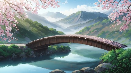 Arched wooden bridge with cherry blossoms over a serene river