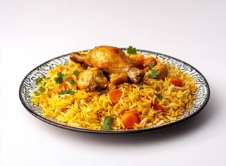 Fototapeta premium Fragrant chicken biryani featuring roasted legs, basmati rice, carrots, herbs on elegant plate against pristine white background