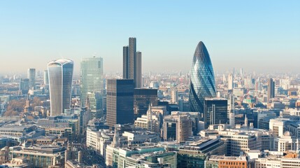 A panoramic view of London's skyline featuring modern skyscrapers like The Shard and the Gherkin against a clear blue sky.