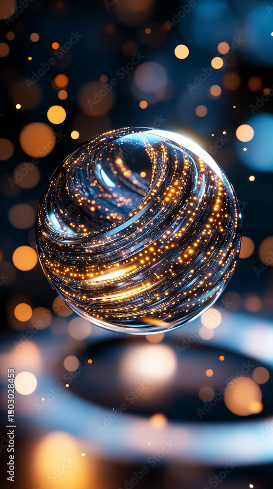 Poster a spherical structure showcases a dynamic data matrix, featuring ever-changing patterns in vibrant h