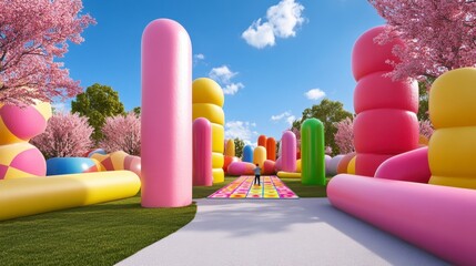 Child Playing on Pastel Inflatable Playground with Geometric Shapes